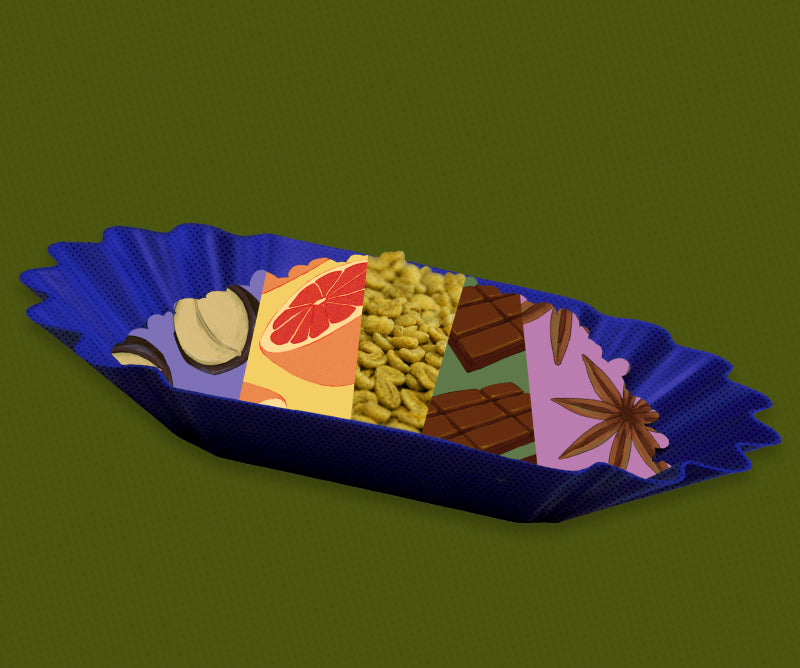 A coffee tray with illustrations of coffee tasting notes such as citrus, chocolate, and spices in the shape of a pile of green coffee beans.