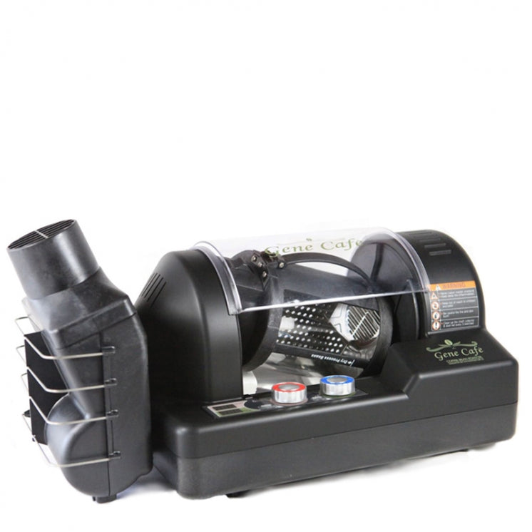 The Gene Cafe in black with chaff collector, rotating glass roast chamber, and dual knob controls