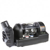 The Gene Cafe in black with chaff collector, rotating glass roast chamber, and dual knob controls