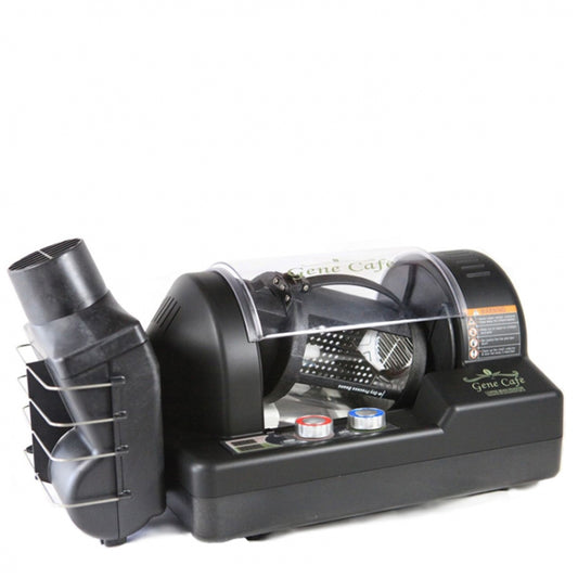 The Gene Cafe in black with chaff collector, rotating glass roast chamber, and dual knob controls