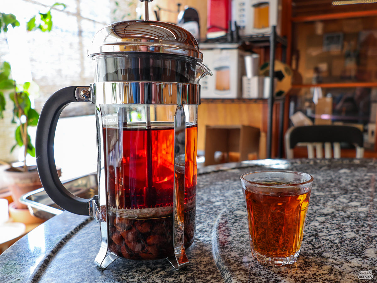 Cascara pearls can be submerged in hot water to make tea. We like using a French Press!