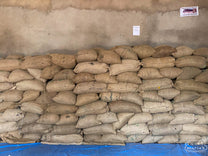 A large stack of jute coffee bags inside a storage room near Bobea.