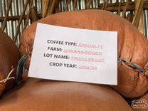 Bags of dry process coffee are separated by lot name and date in order to isolate quality. Gerba Dogo site.