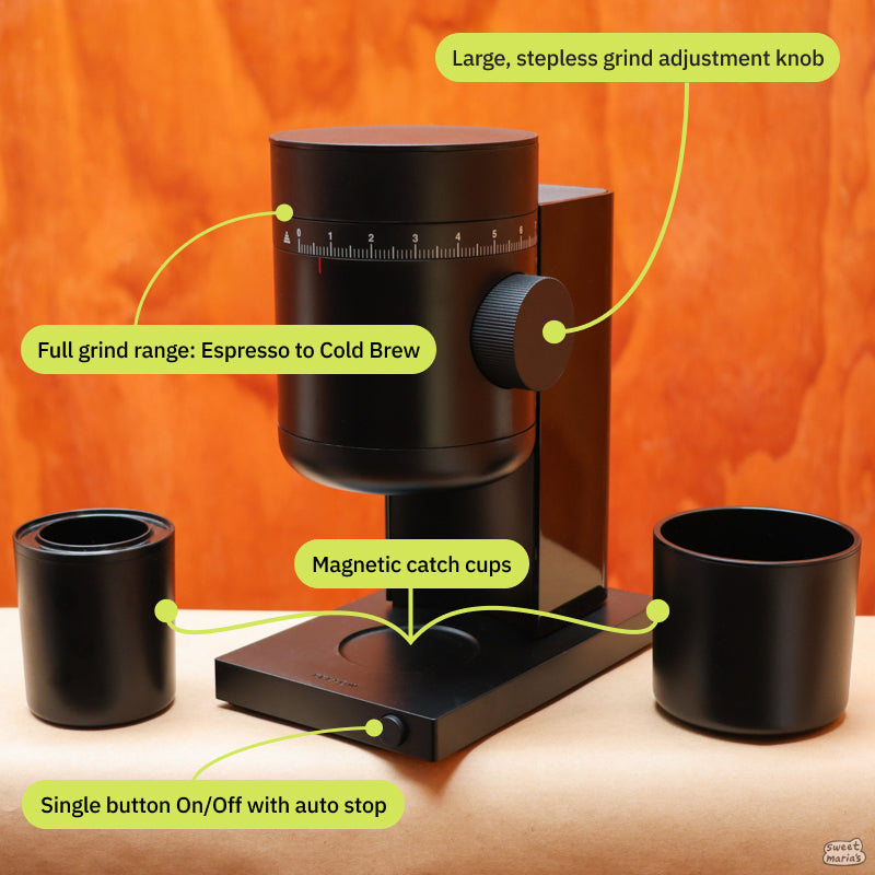 The Fellow Opus 2 Conical Burr Grinder features a large, stepless grind adjustment knob; full grind range, from espresso to cold brew; two magnetic catch cups, and a single button to turn it on/off with an auto-stop function.