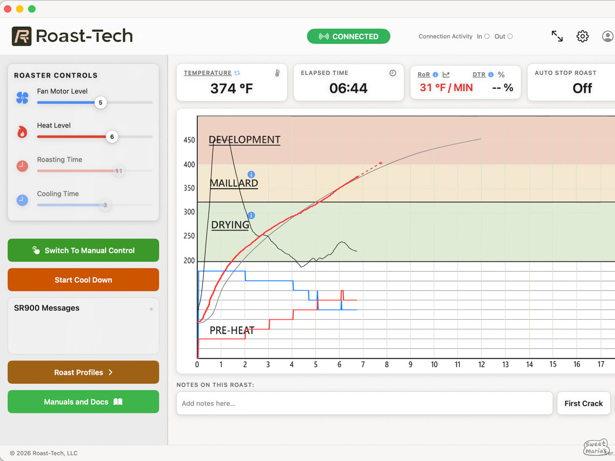 This is the main screen you'll see when using a computer to control the SR900 with the Roast-Tech app.