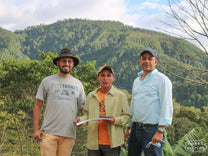 L to R: Pablo who is in charge of quality control, Hector who manages Monte Libano and Los Alpes, and Olman whose family own Cafetalera Buenos Aires, at the bottom of Monte Libano coffee farm. Dipilto region, Nicaragua.