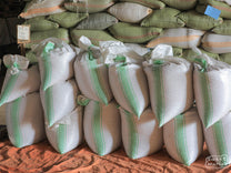 Mylar bags filled with dried parcment coffee are stored in a cool warehouse at Bugoye.