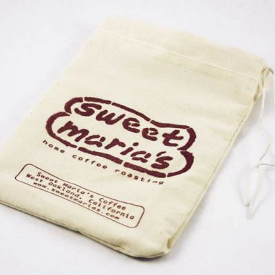 Cotton bag with drawstring closure, holds up to 1 pound of unroasted coffee. The Sweet Maria's logo is printed on the front of the bag