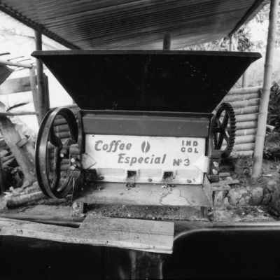 Typical pulper type used to remove fruit from green coffee seeds at small farms in Colombia. This one is in Inzá region.