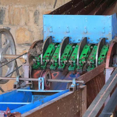 The 4 disc depulper at Hambela Dabaye, used to remove the outer cherry from the green coffee. Hambela, Guji Zone, Ethiopia.