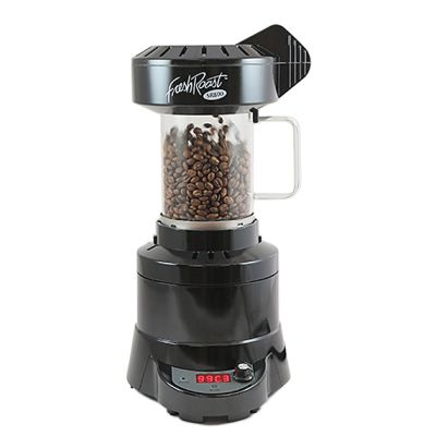 The SR800 electric air roaster with beans circulating in the glass roast chamber