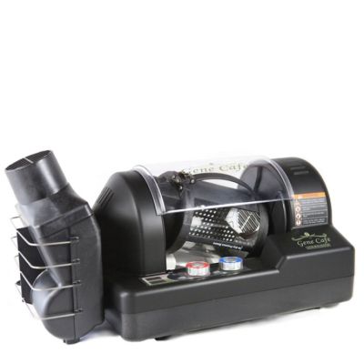 The Gene Cafe in black with chaff collector, rotating glass roast chamber, and dual knob controls