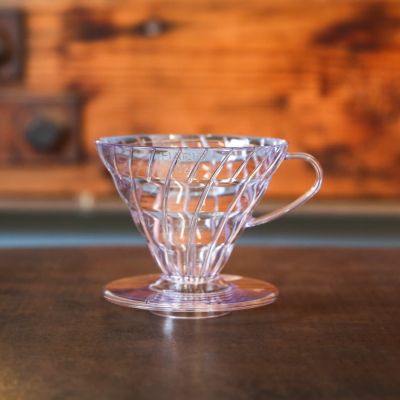 The Hario V60 Plastic coffee dripper in clear, number 2 size.