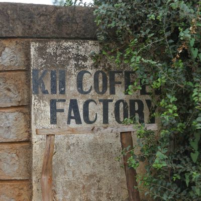 A shot of the Kii Coffee Factory sign outside the washing station. Nyeri.