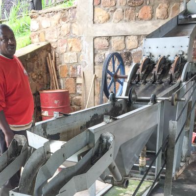 A disc depulper machine, used to remove the coffee cherry and fruit from the green coffee seed, at the Tumba coffee cooperative in Rulindo, Rwanda.
