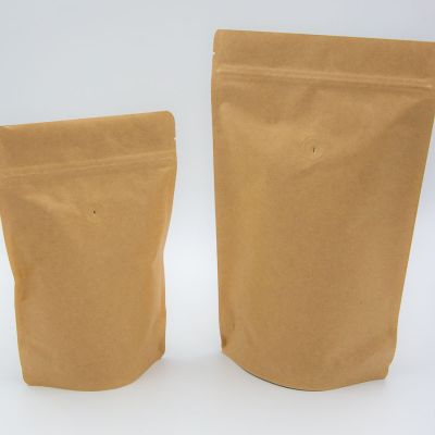The stand up pouch bags have a zipper and valve and come in two sizes - 1/2lb and 1lb.