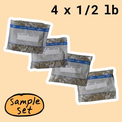 The Green Coffee Mini Sample Set includes 4 different 1/2 lb bags of green coffee, all from various origins.