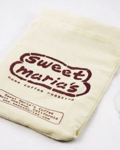 Cotton bag with drawstring closure, holds up to 1 pound of unroasted coffee. The Sweet Maria's logo is printed on the front of the bag