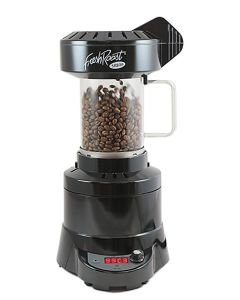 The SR800 electric air roaster with beans circulating in the glass roast chamber