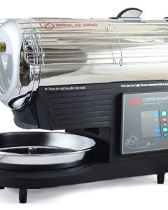 Sideview of the Hottop electric coffee roaster with a built-in control panel and external cooling tray. 