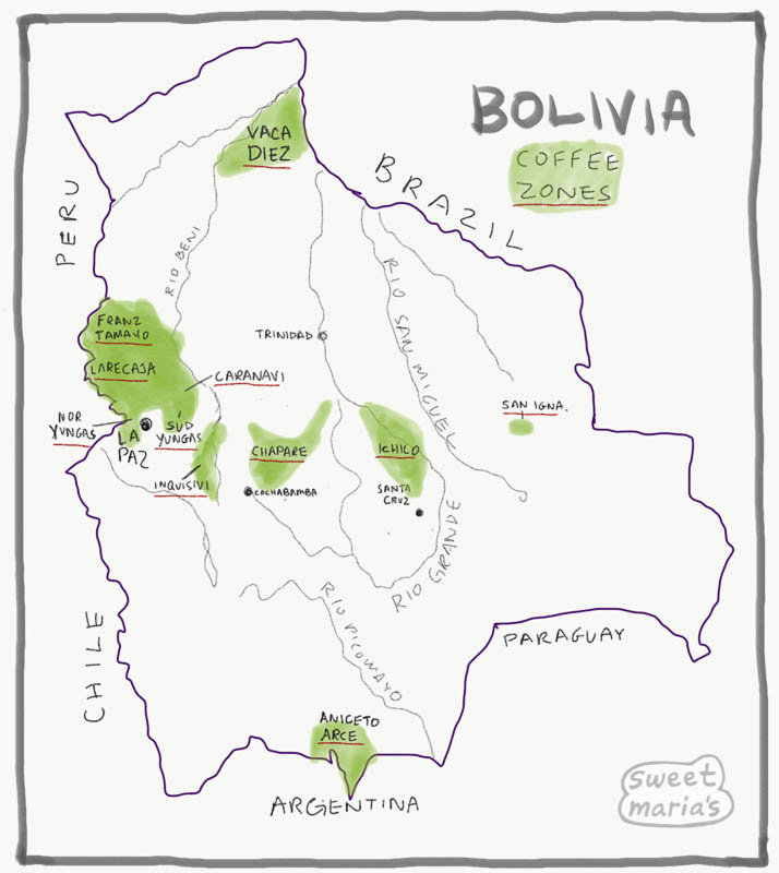 Bolivia coffee production map - Sweet Maria's coffee