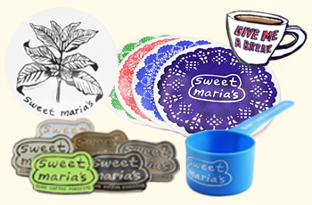 Sweet Maria's coasters, pins, etc.